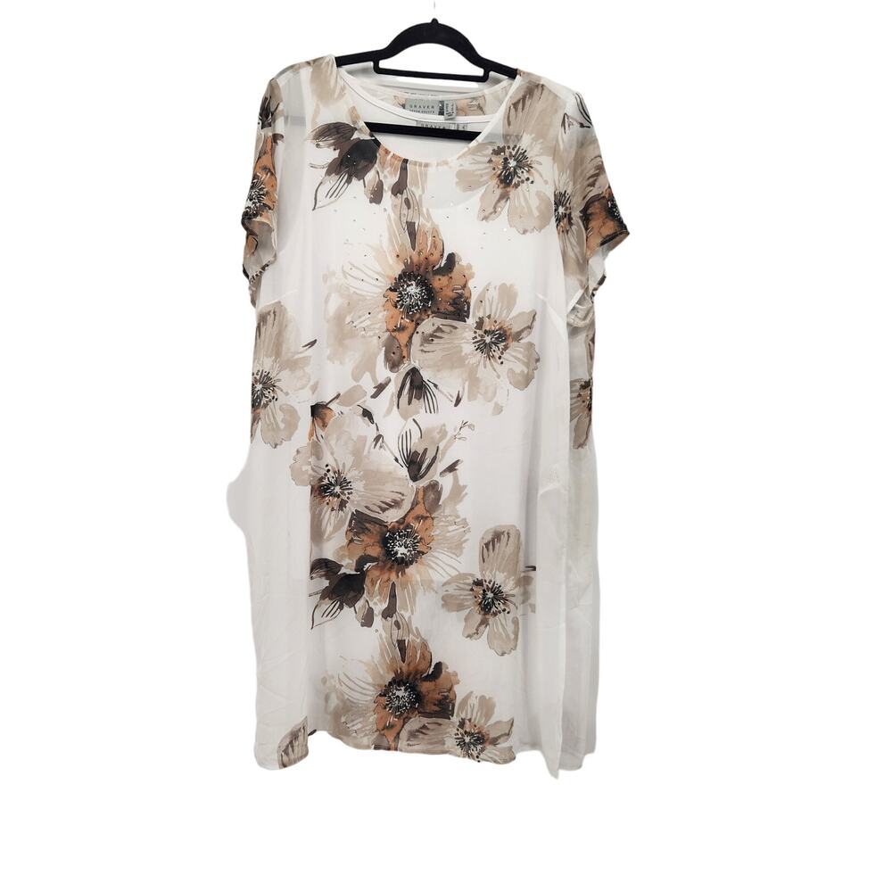 Susan Graver White Floral 2 pc. Tank Sheer Rhinestone‎ Embellished Tunic Women L